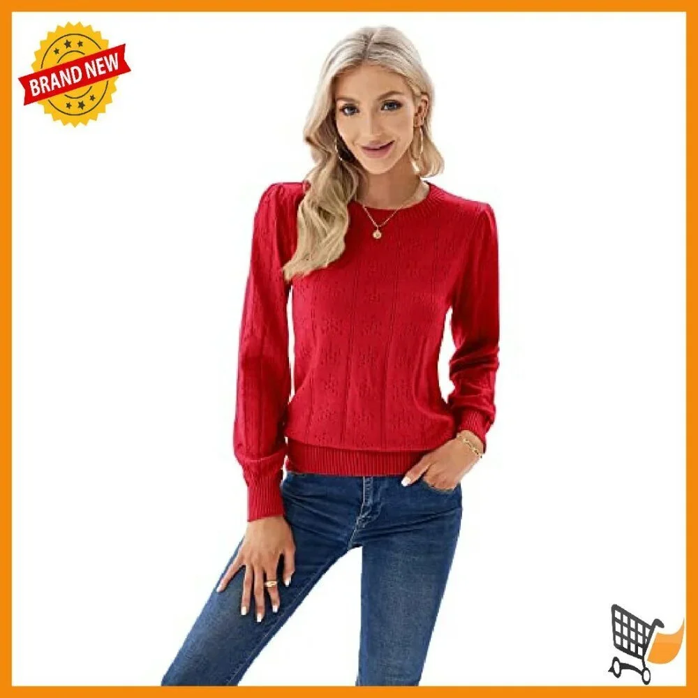 Long Lantern Sleeve Crochet Pullover Sweater Hollow Out Knit Top